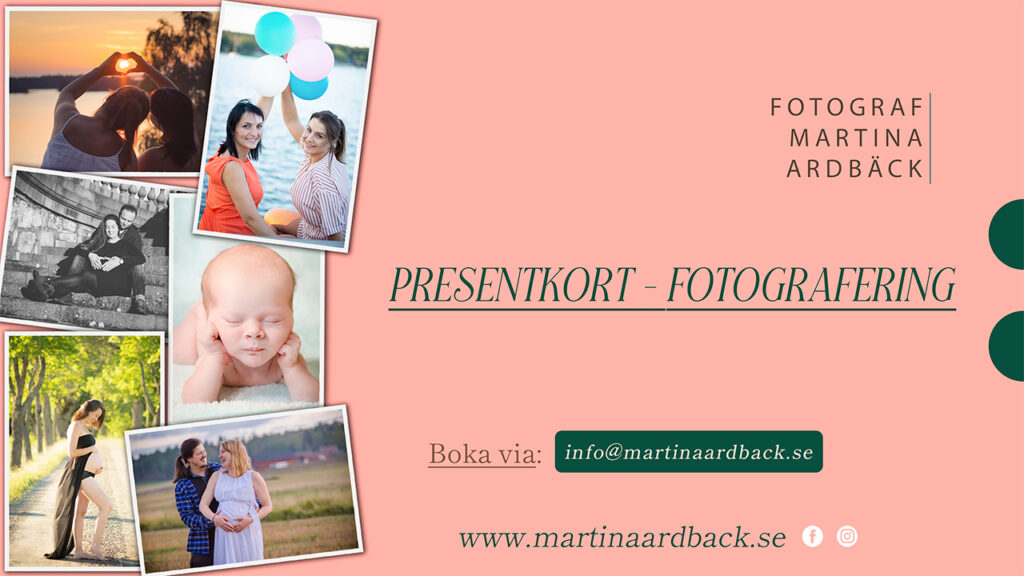 Presentkort för fotografering, man kan välja gravidfotografering, porträtt, familjefotografering. Perfekt doppresent eller baby shower till den blivande mamman.